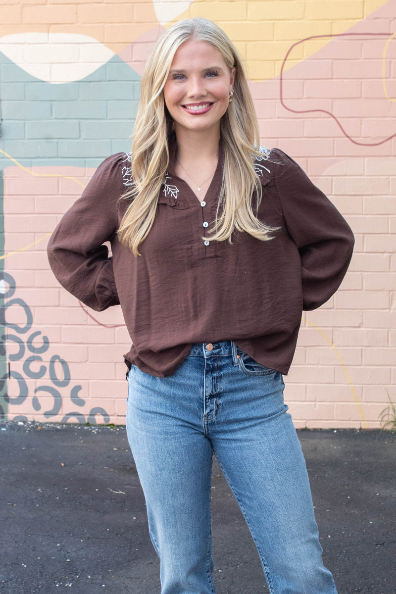 Mary Floral Embroidered Ruffle Neck Top, Brown