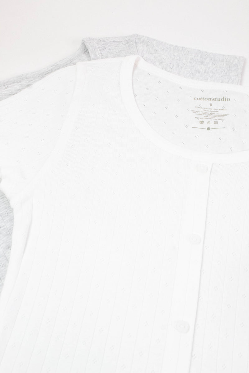 Georgia Faux Button Pointelle Top, Off White