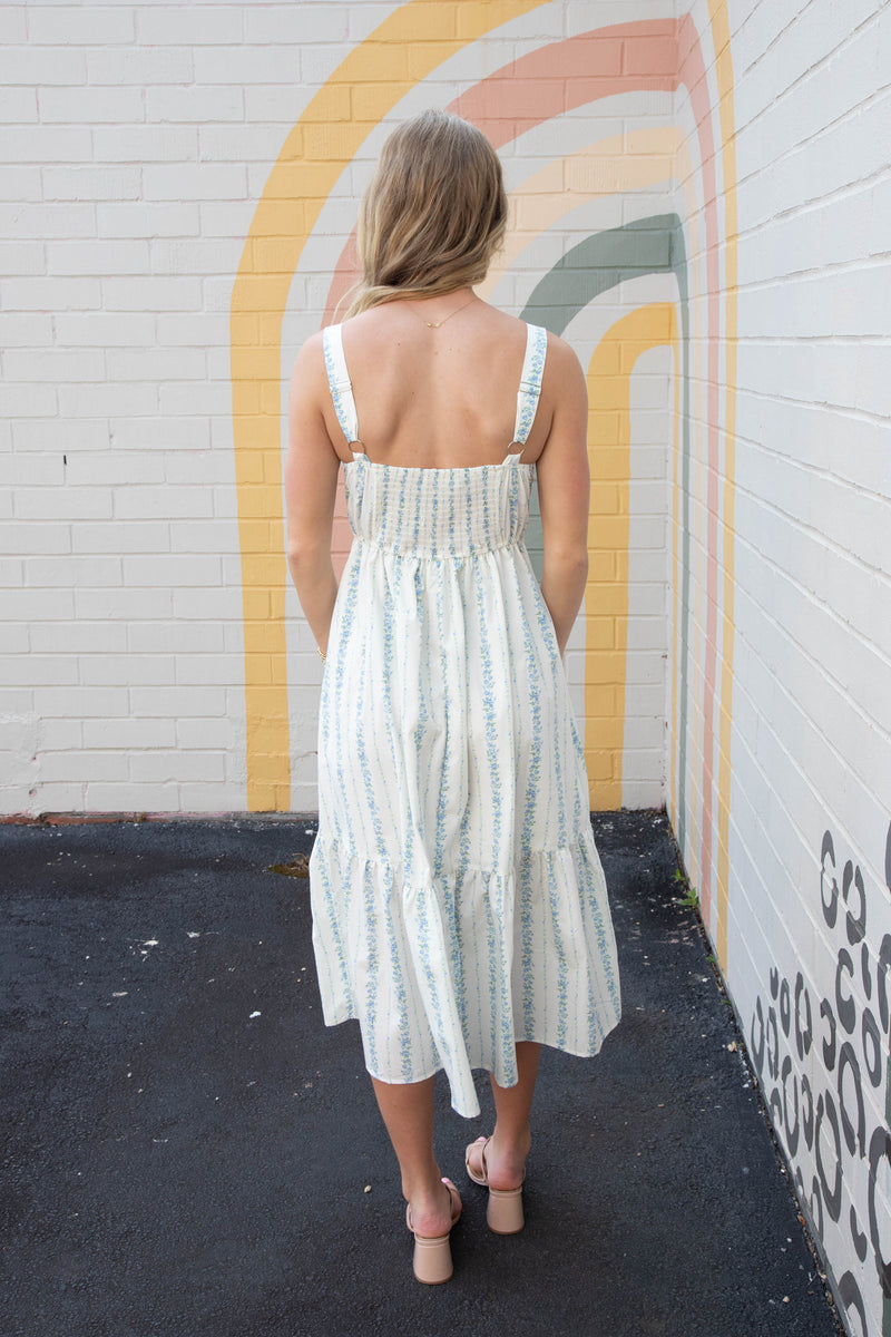 Beatrice Floral Stripe Midi Dress, Blue Multi