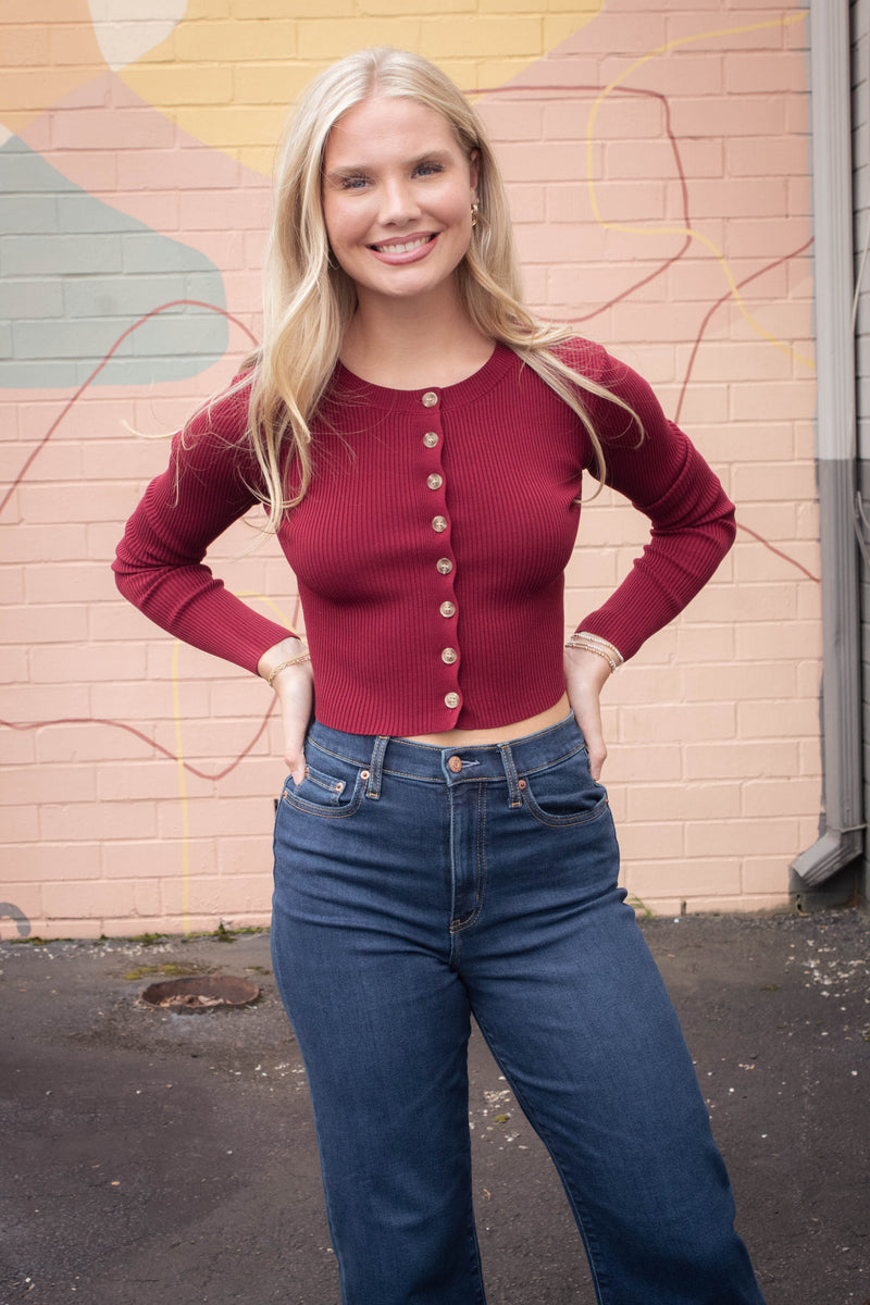 Josie Rib Knit Cropped Cardigan, Red Wood