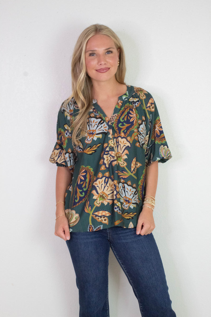 Cecilia Printed Half Sleeve Blouse, Teal