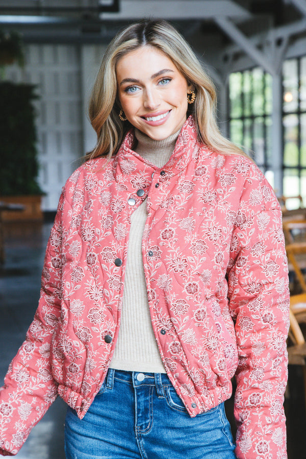 Dahlia Floral Print Woven Puff Jacket, Red-Multi