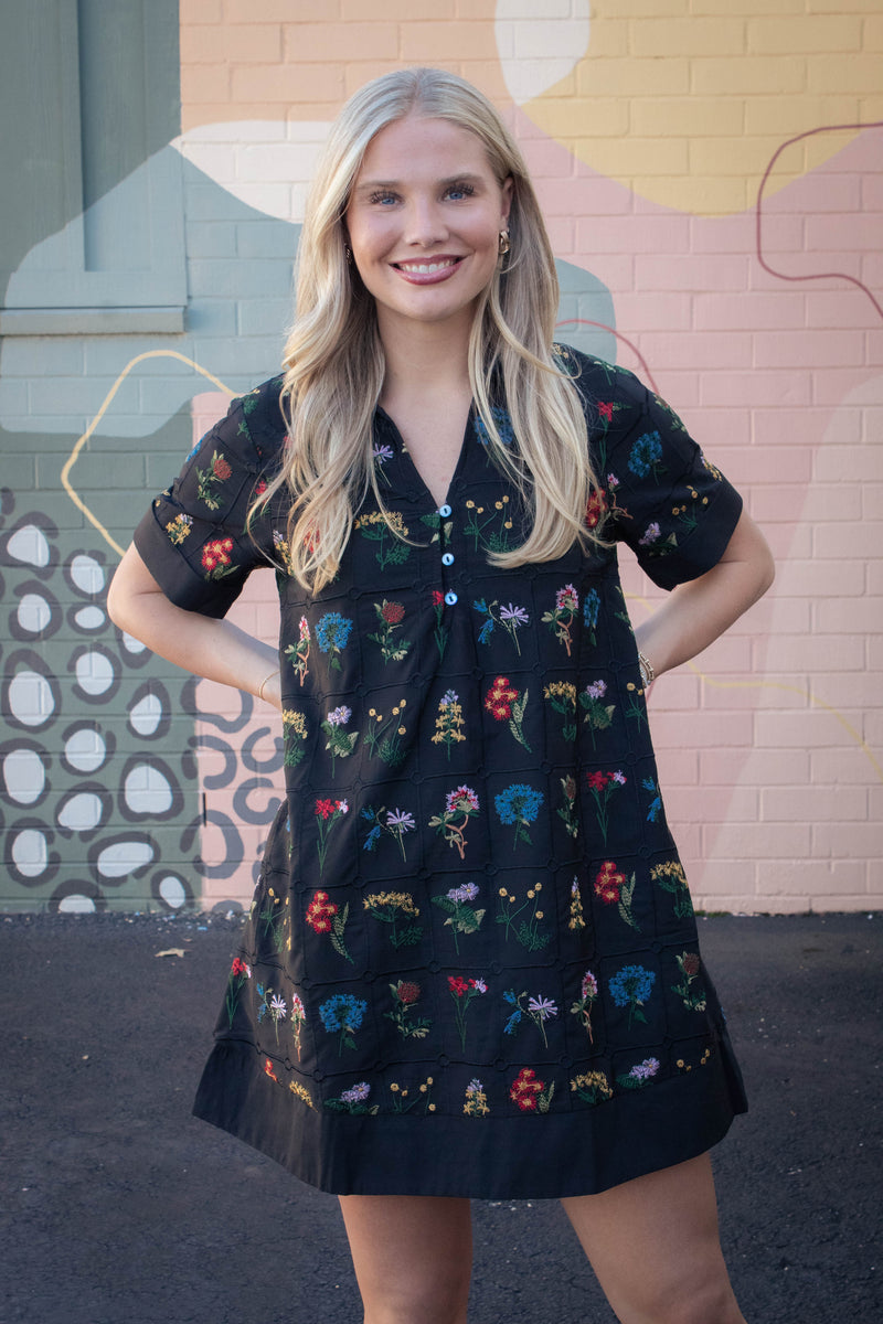 Abigail Floral Embroidered Dress, Black