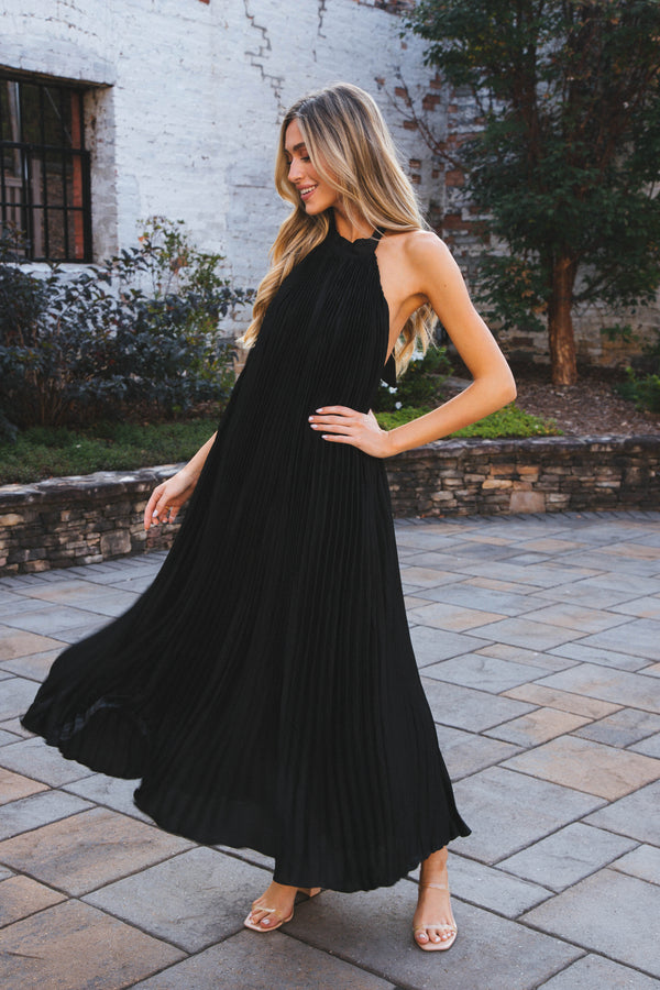 Polly Pleated Long Dress, Black