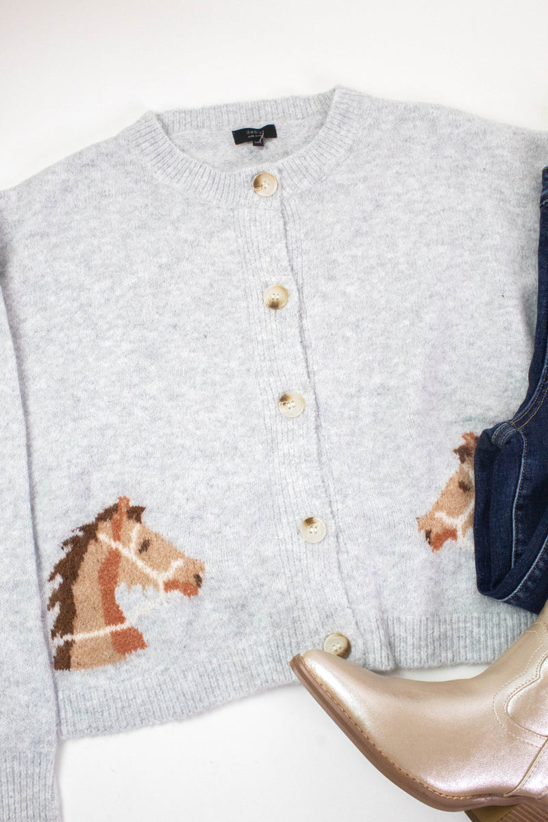 Horse Print Button Up Cardigan, Grey