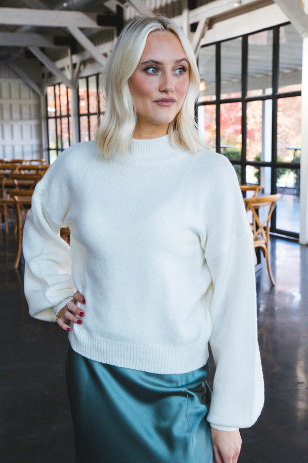 Avery Balloon Sleeve Mock Neck Solid Sweater, Cream