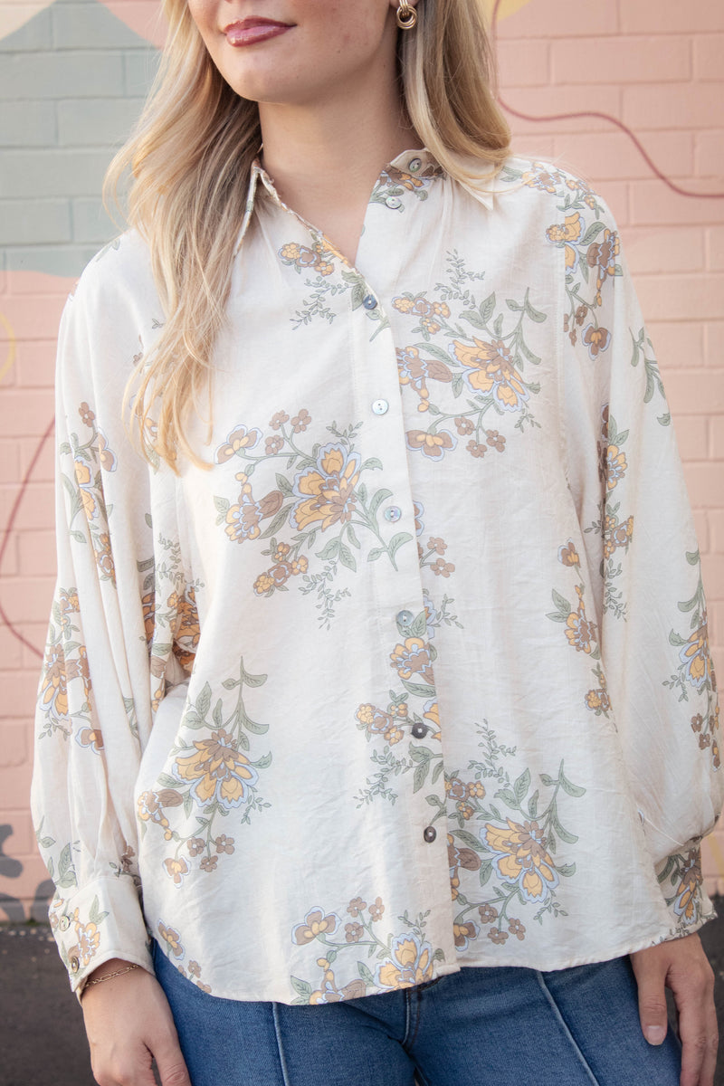 Lucy Button Down Floral Top, Ecru