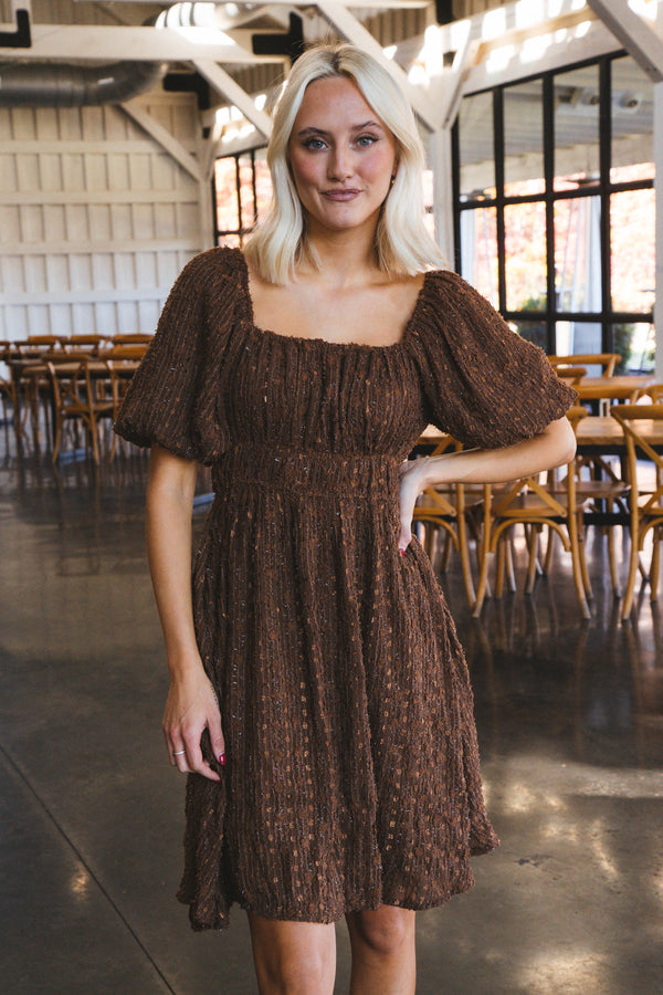 Davina Textured Square Neck Dress, Brown