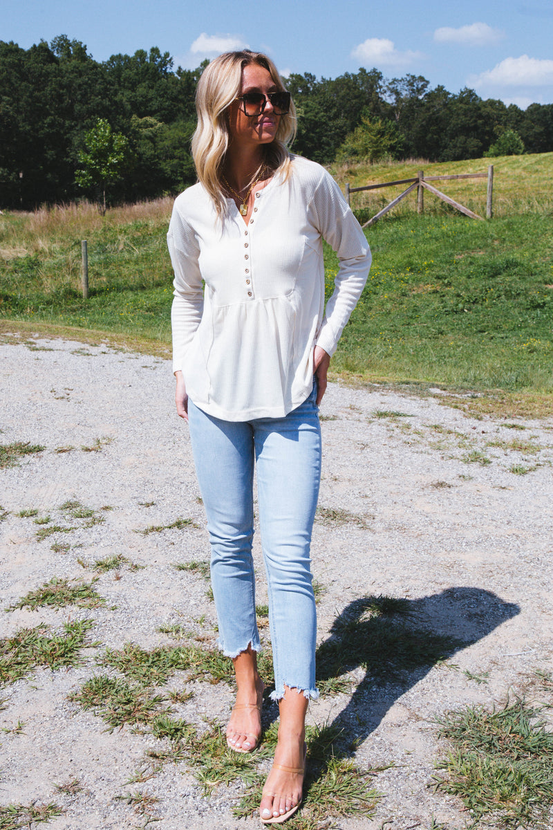 Polina Waffle Knit Henley Top, Cream