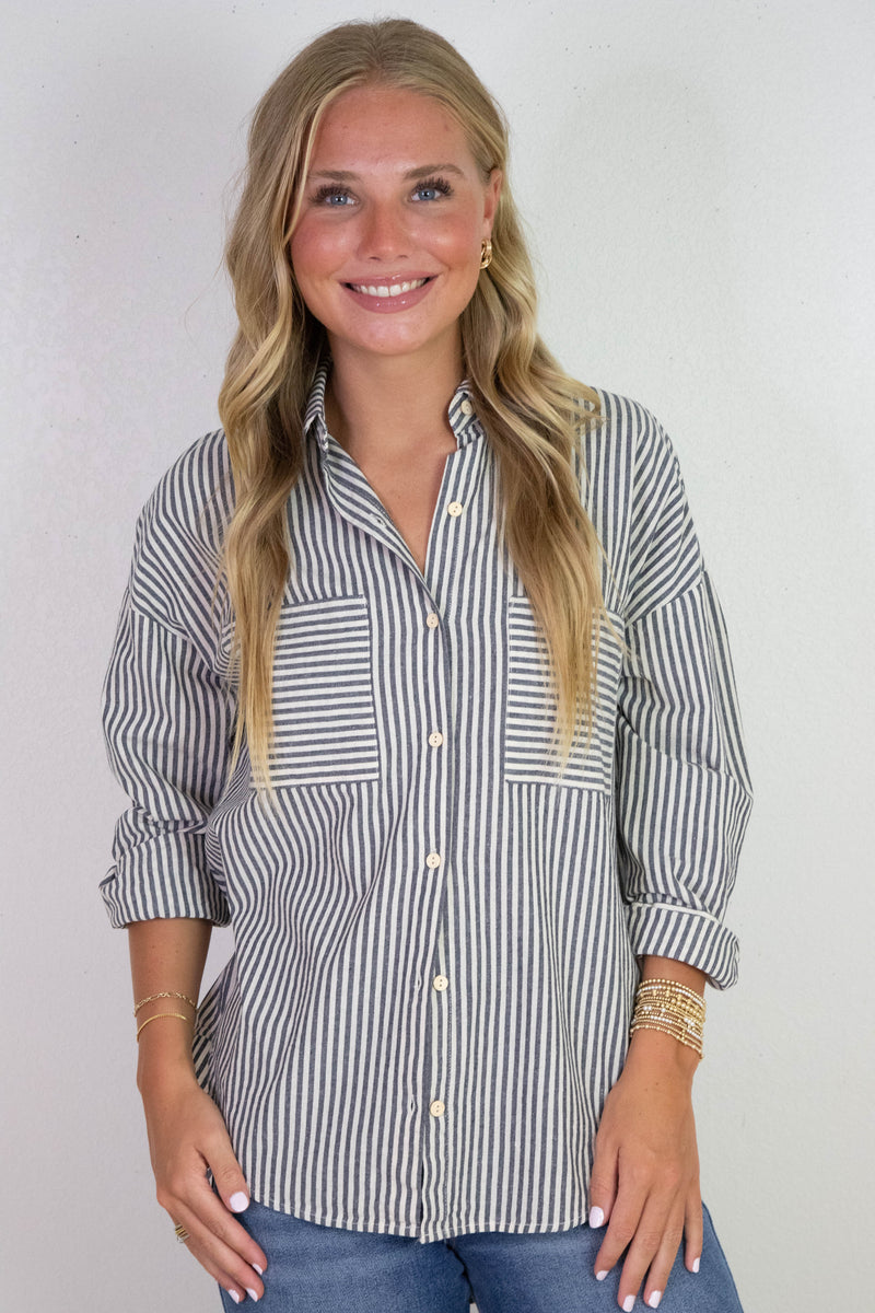 Rachel Striped Button Down Shirt, Navy