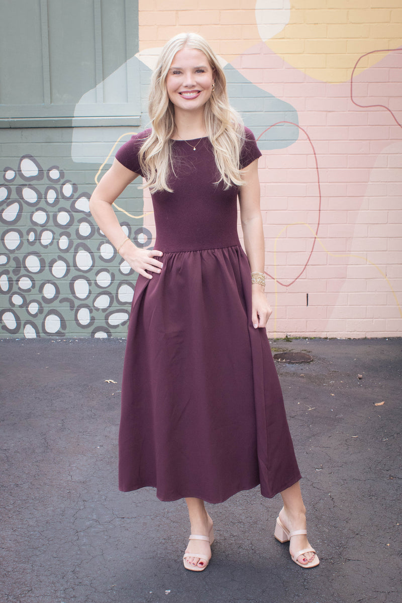 Lillian Woven Knit Mix Dress, Maroon