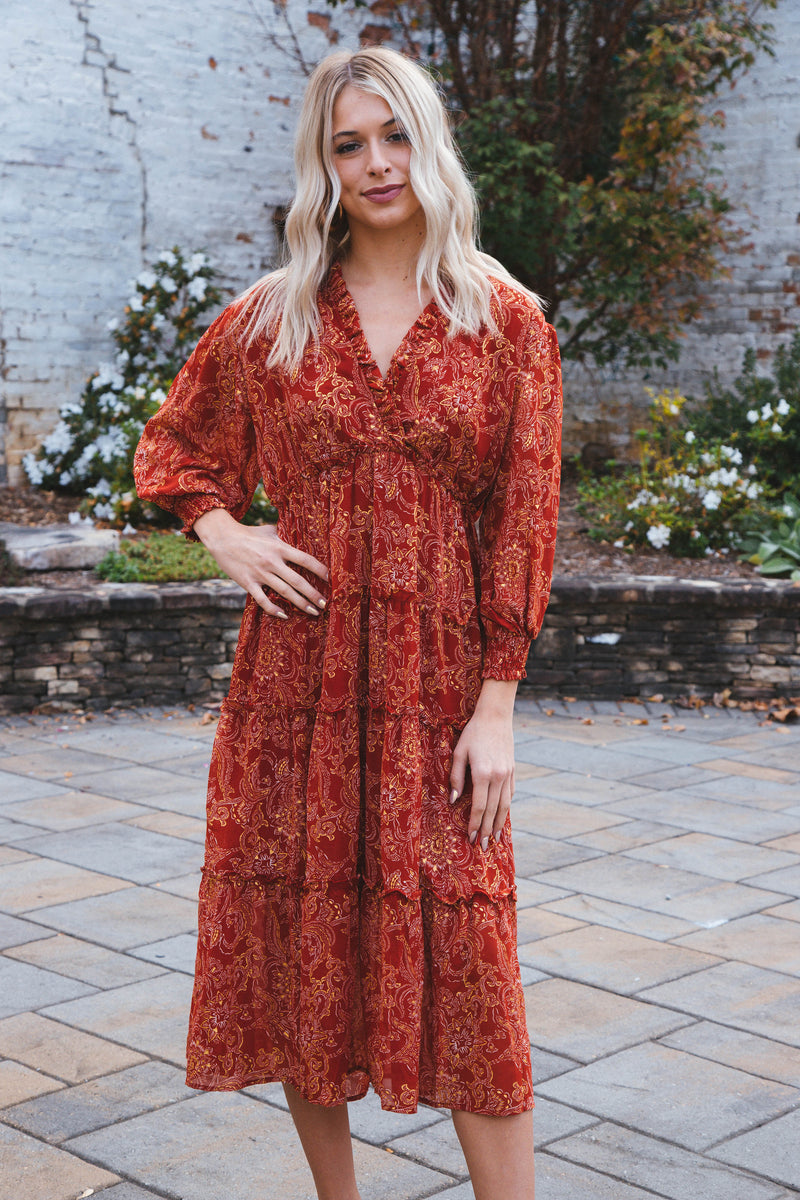 Kinsley Three Quarter Sleeve Printed Tiered Maxi Dress, Wine