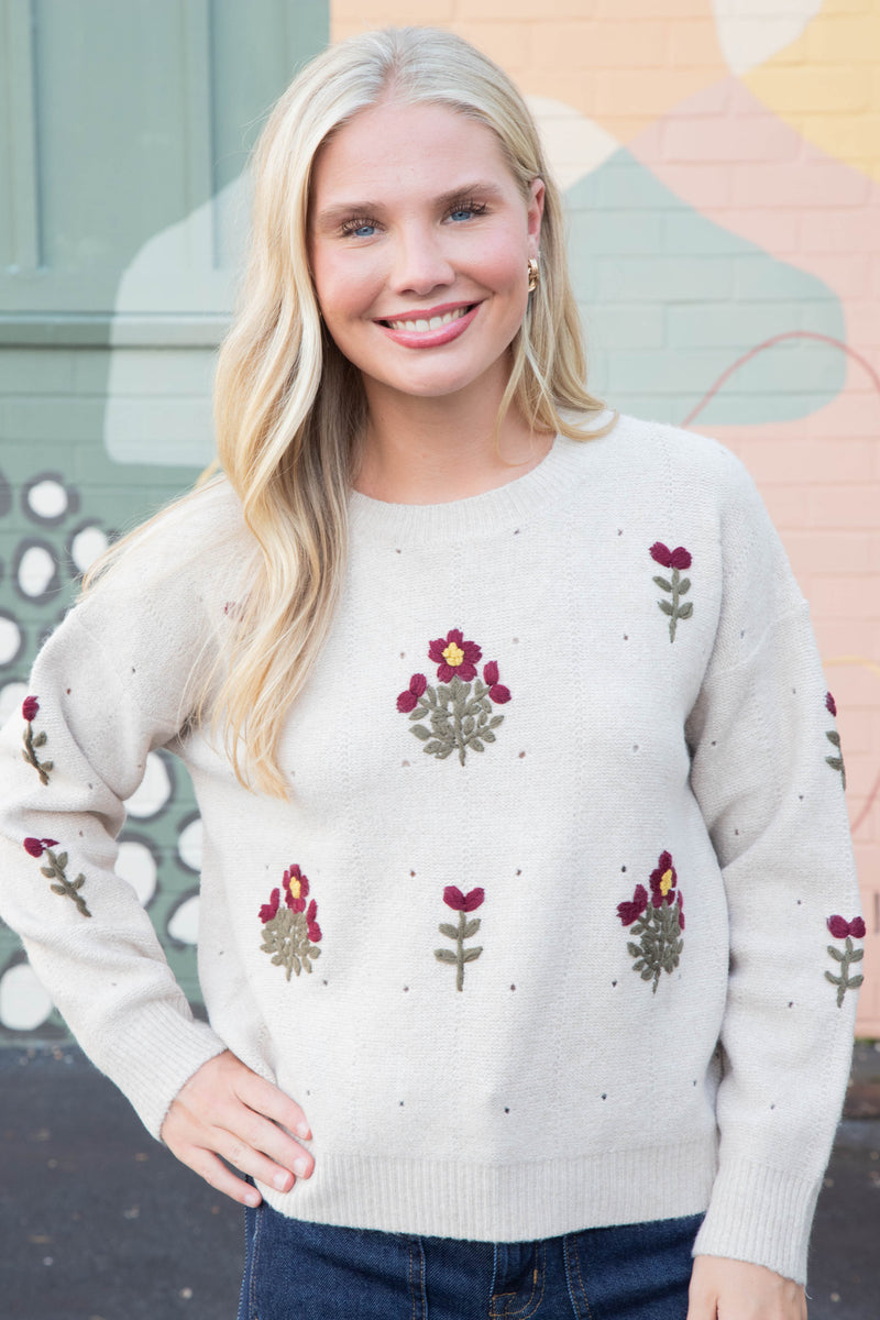 Alayna Embroidered Blossom Sweater, Mocha