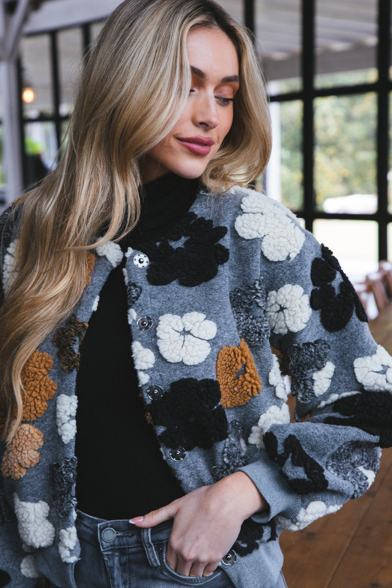 Frozen Flower Sherpa Jacket, Grey
