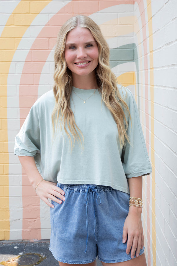 Martha Flowy Bat Wing Crop Top, Sage Green