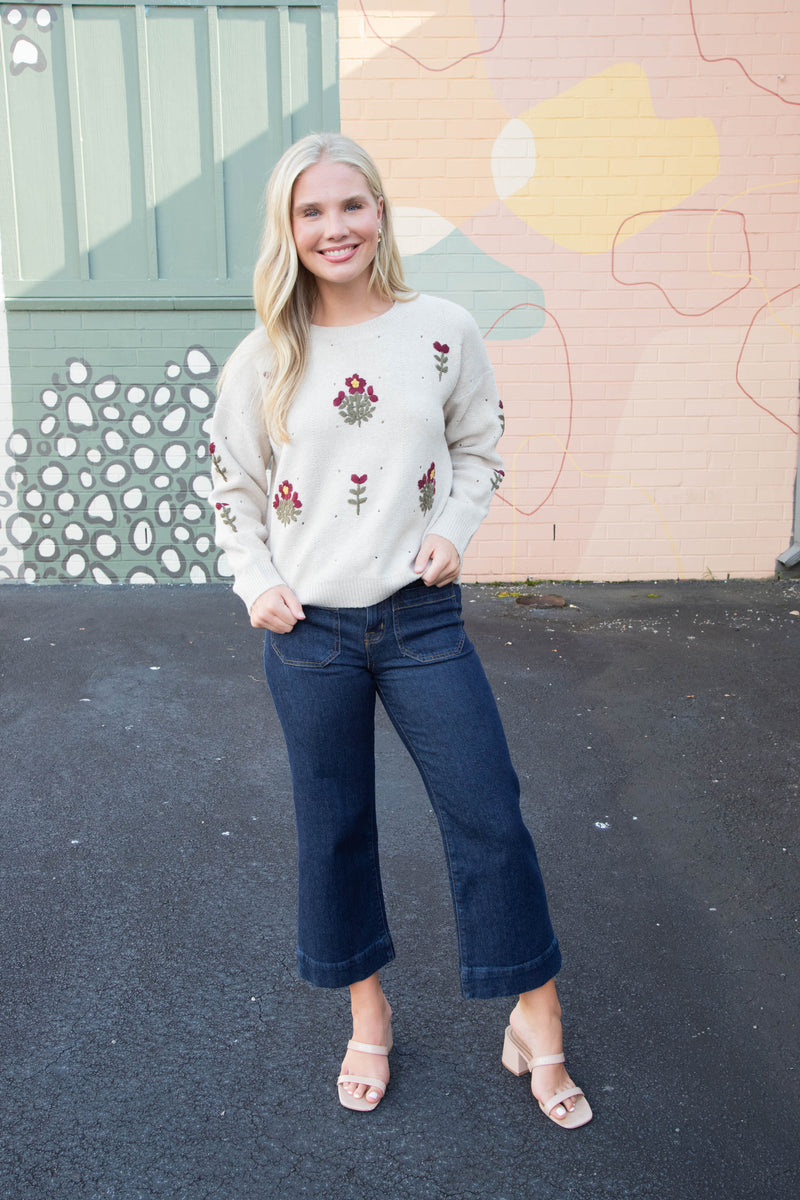 Alayna Embroidered Blossom Sweater, Mocha