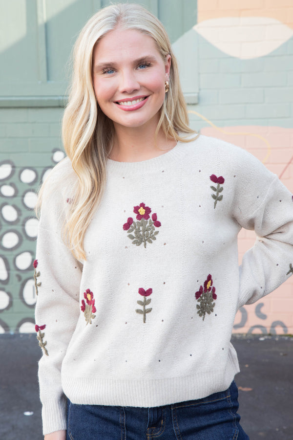 Alayna Embroidered Blossom Sweater, Mocha