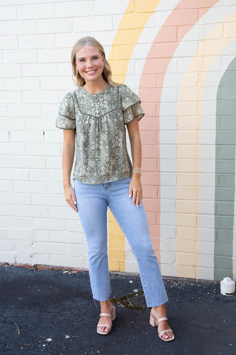 Blair Ruffle Sleeve Printed Top, Olive-Cream