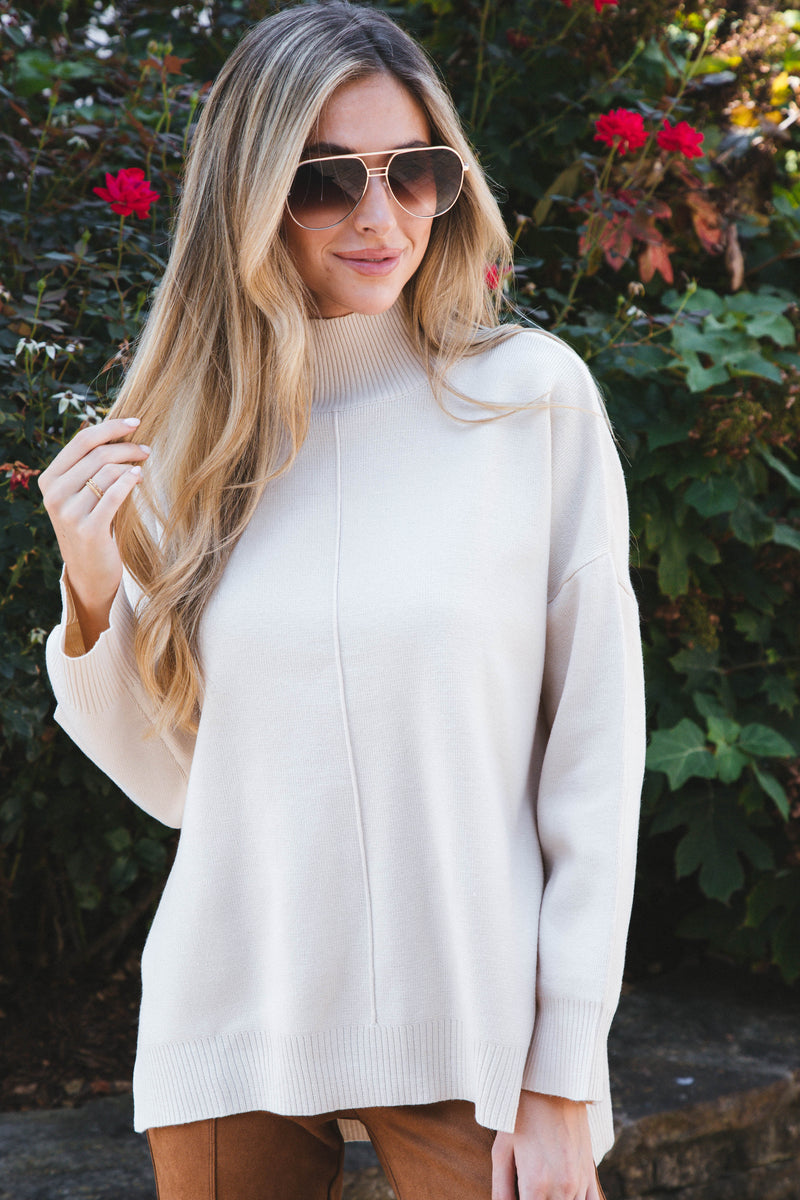 Cora Mock Neck Knit Sweater, Cream