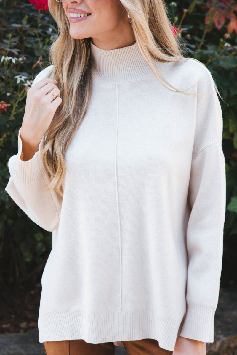 Cora Mock Neck Knit Sweater, Cream