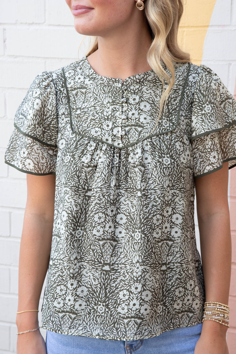 Blair Ruffle Sleeve Printed Top, Olive-Cream