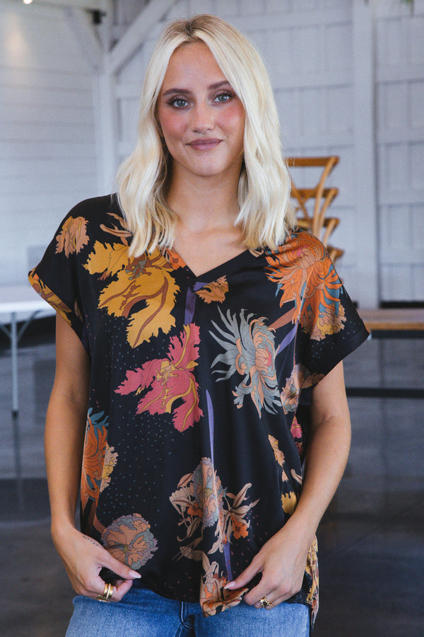 Serena Satin Floral Blouse, Black