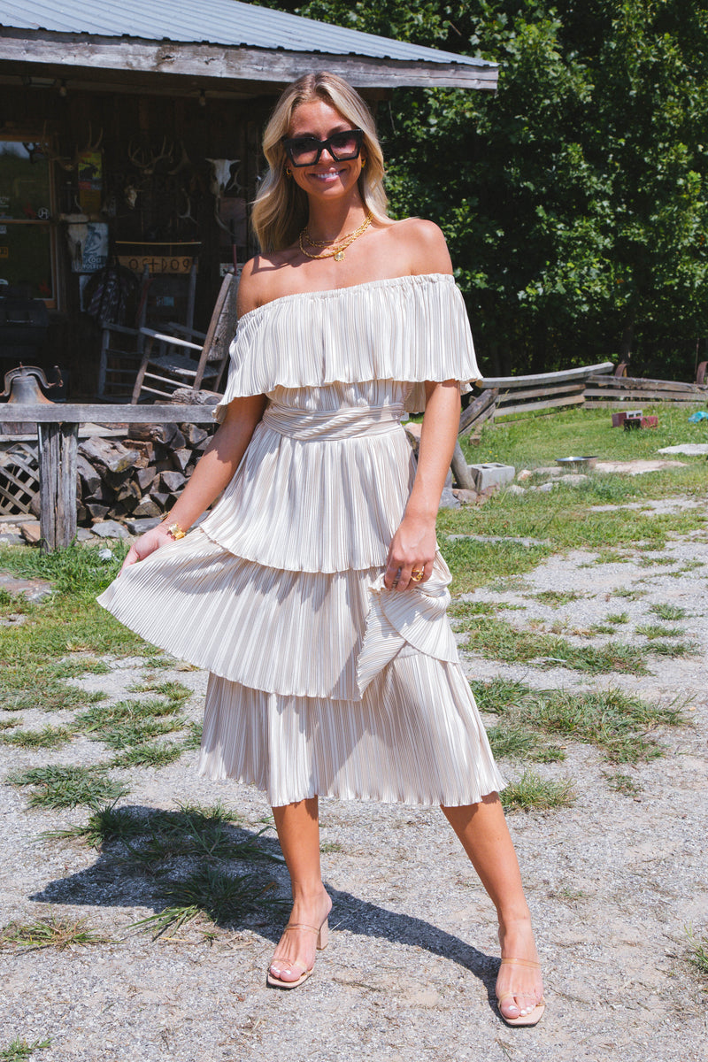 Gamora Pleated Midi Dress, Champagne