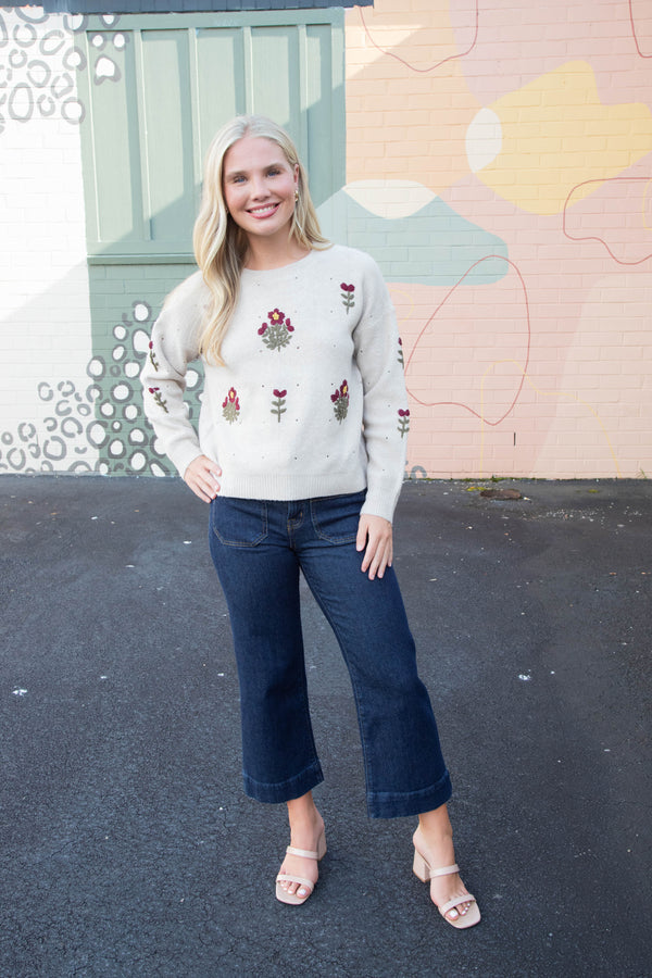Alayna Embroidered Blossom Sweater, Mocha