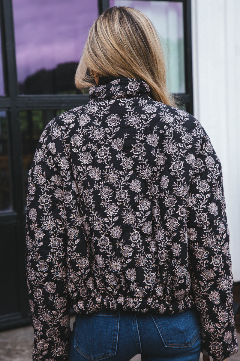 Dahlia Floral Print Woven Puff Jacket, Black-Multi