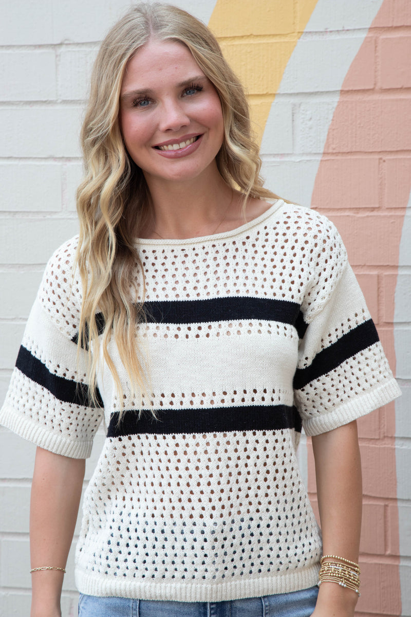 Jolene Openwork Tee, Black/Chalk Stripe | Sanctuary
