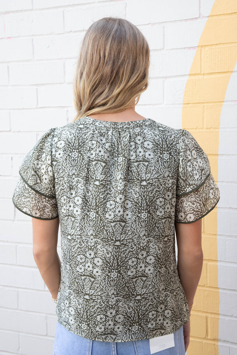 Blair Ruffle Sleeve Printed Top, Olive-Cream
