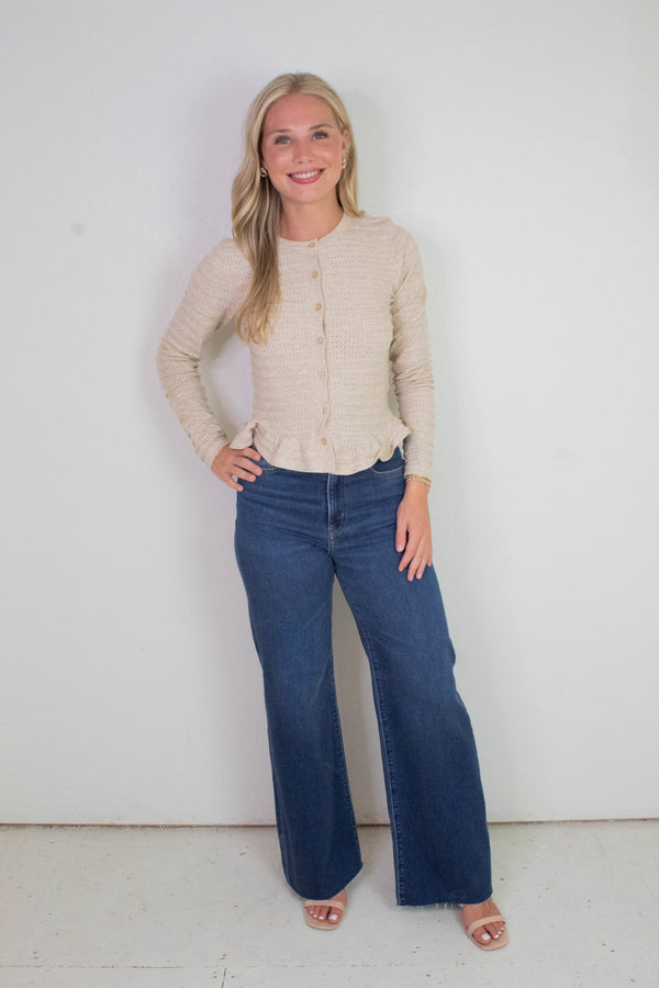 Rylee Pointelle Knit Ruffled Sweater Top, Oatmeal