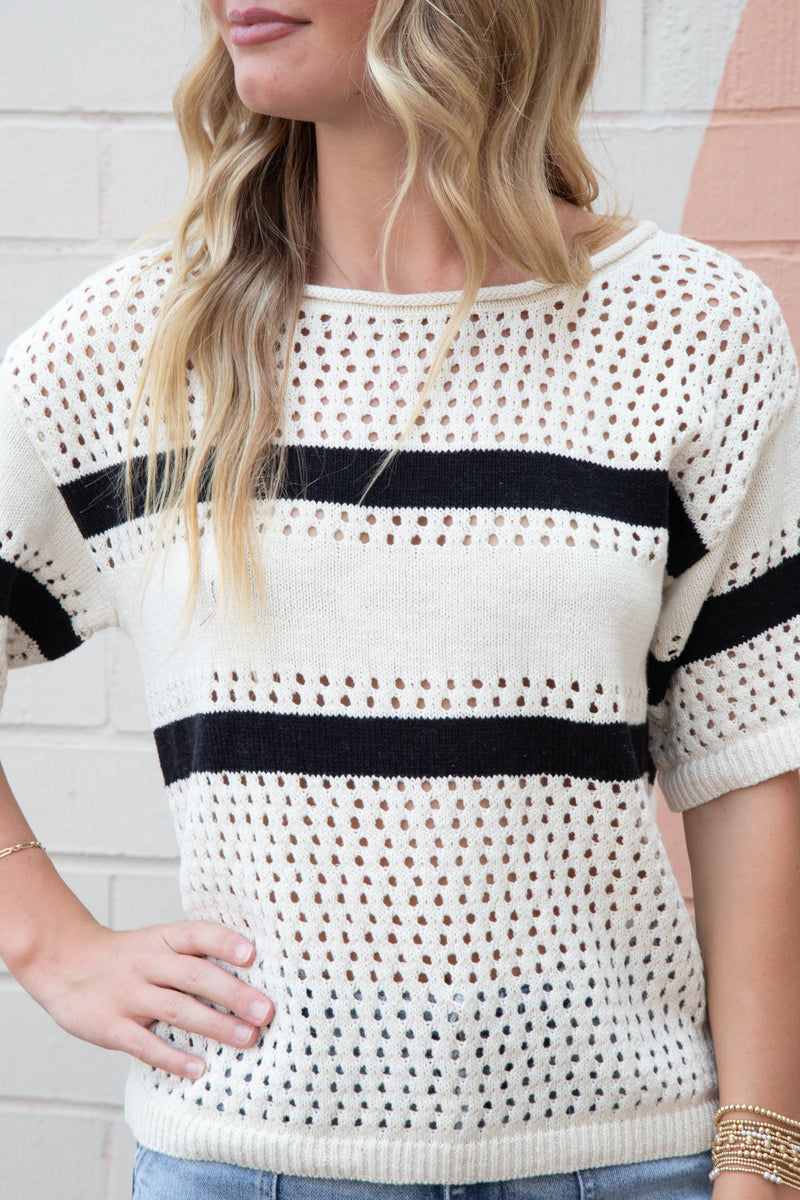 Jolene Openwork Tee, Black/Chalk Stripe | Sanctuary