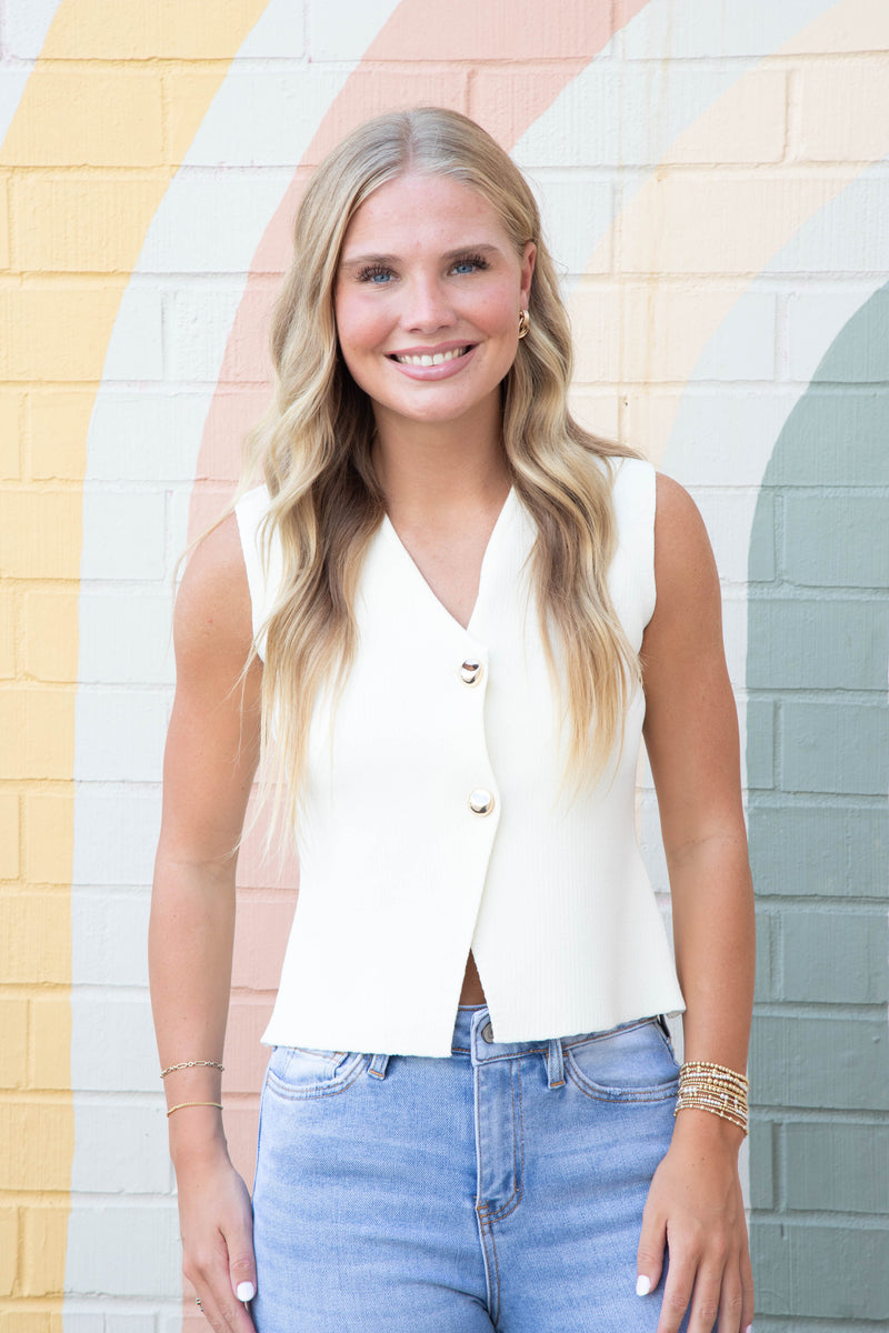 Saylor Gold Button Sweater Vest, Cream