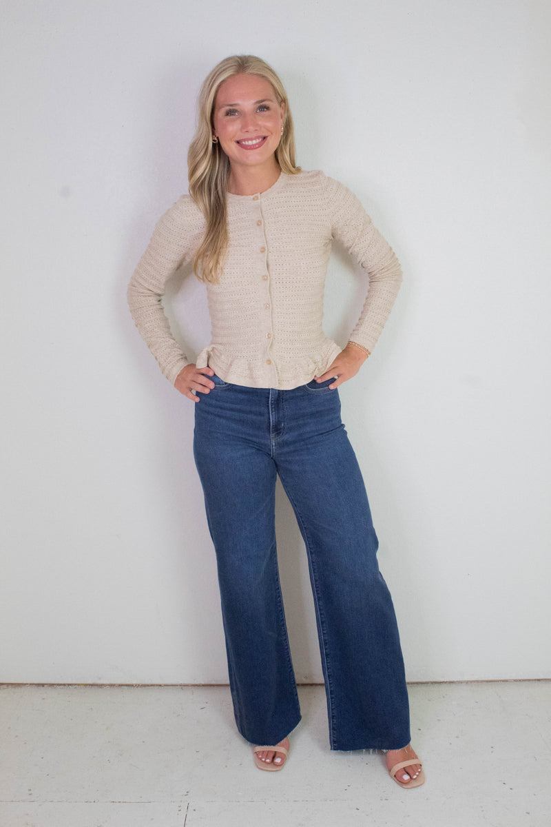 Rylee Pointelle Knit Ruffled Sweater Top, Oatmeal