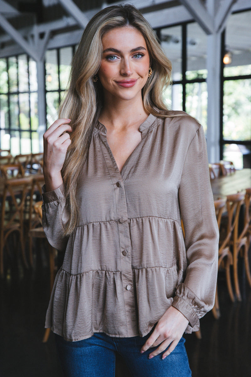 Araya Long Sleeve Tiered Button Down Top, Taupe