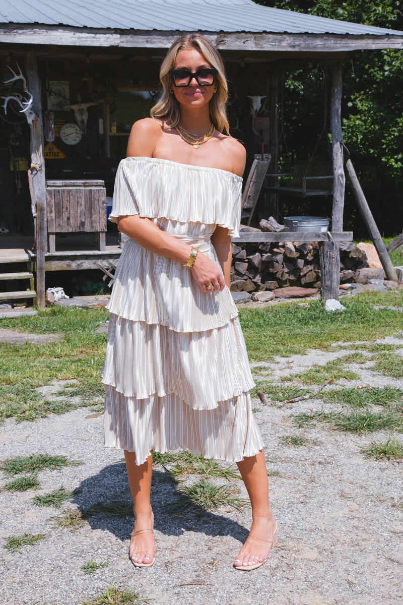 Gamora Pleated Midi Dress, Champagne