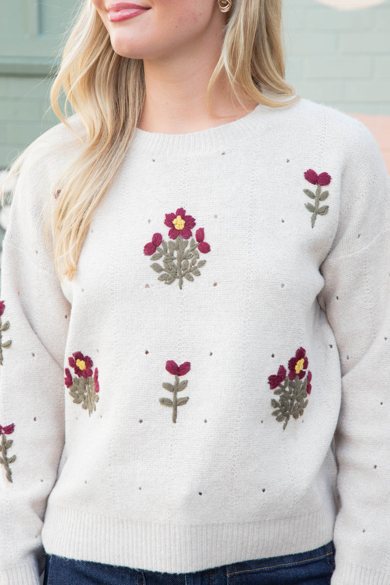 Alayna Embroidered Blossom Sweater, Mocha