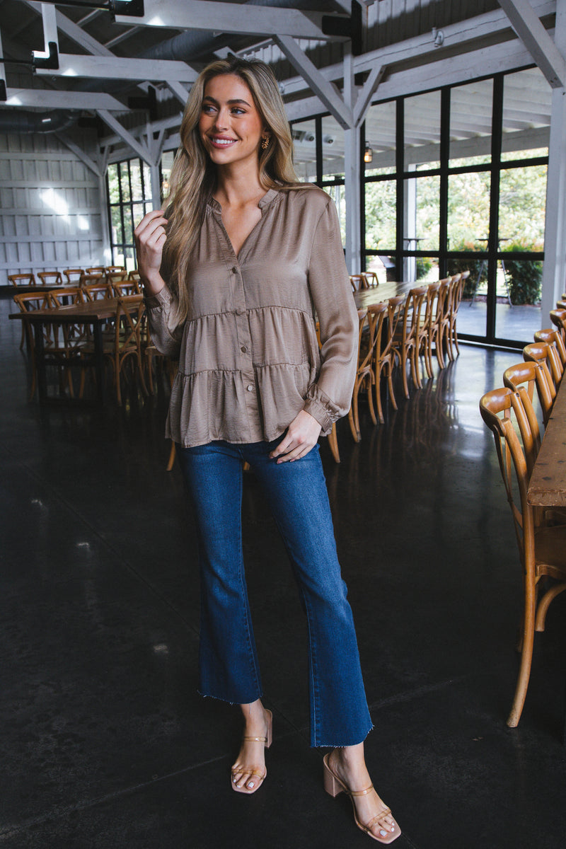 Araya Long Sleeve Tiered Button Down Top, Taupe