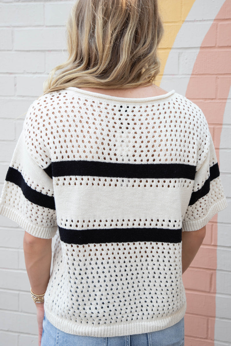 Jolene Openwork Tee, Black/Chalk Stripe | Sanctuary