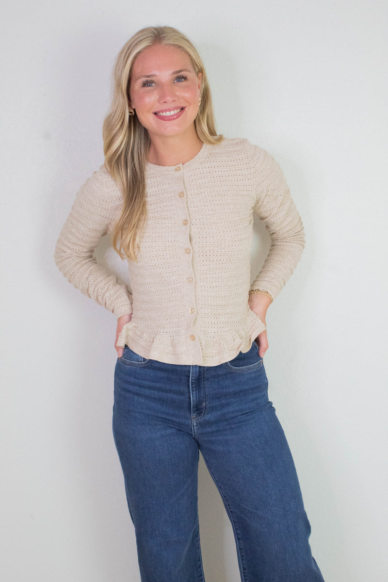 Rylee Pointelle Knit Ruffled Sweater Top, Oatmeal