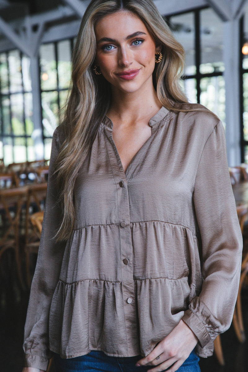 Araya Long Sleeve Tiered Button Down Top, Taupe