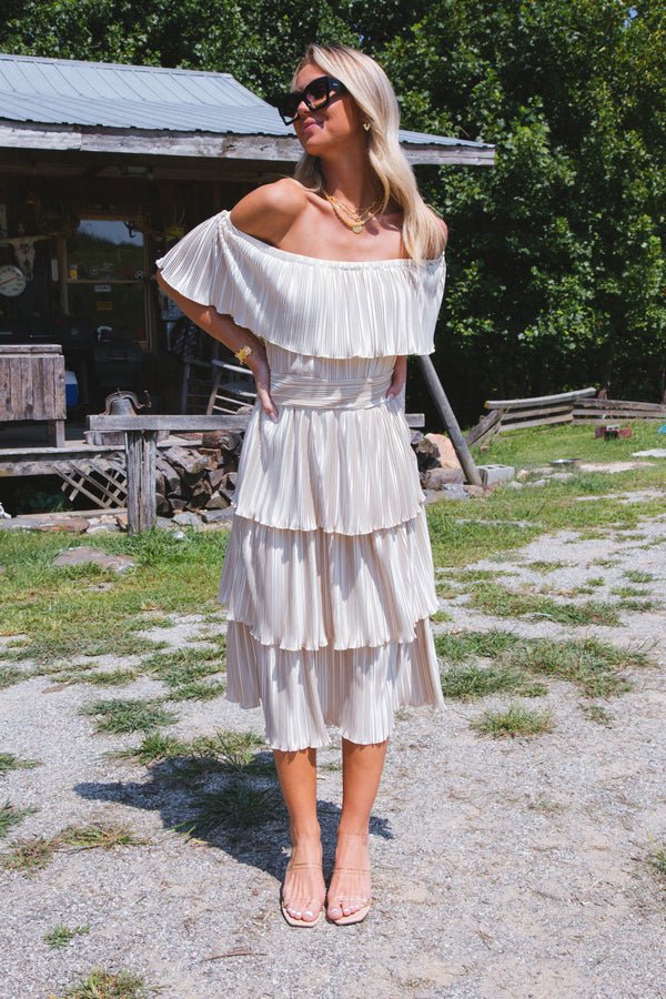 Gamora Pleated Midi Dress, Champagne