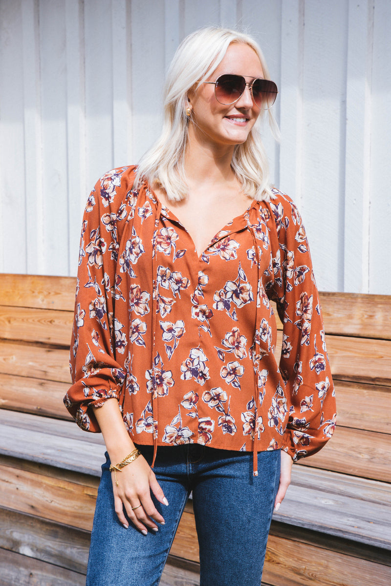 Ada Elise Long Sleeve Tie Neck Blouse, Camel Taupe
