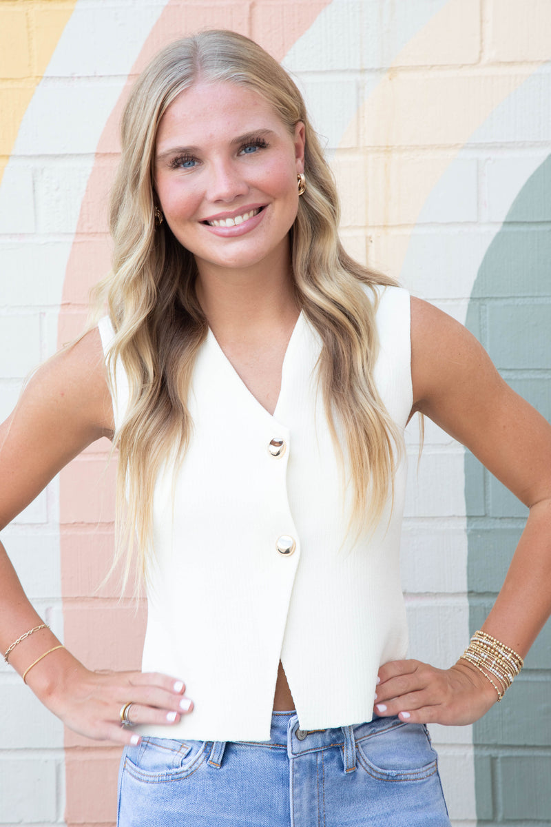Saylor Gold Button Sweater Vest, Cream