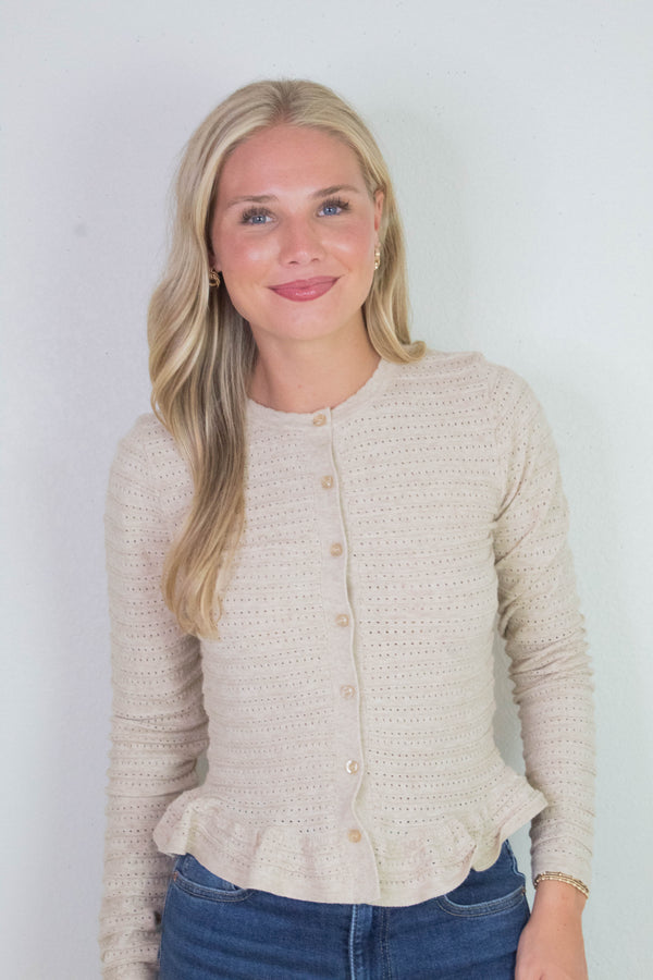 Rylee Pointelle Knit Ruffled Sweater Top, Oatmeal