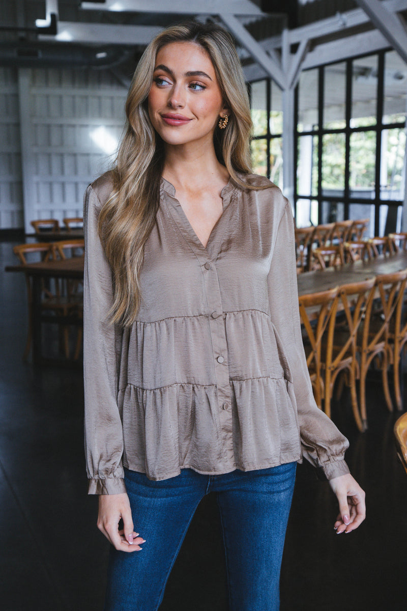 Araya Long Sleeve Tiered Button Down Top, Taupe