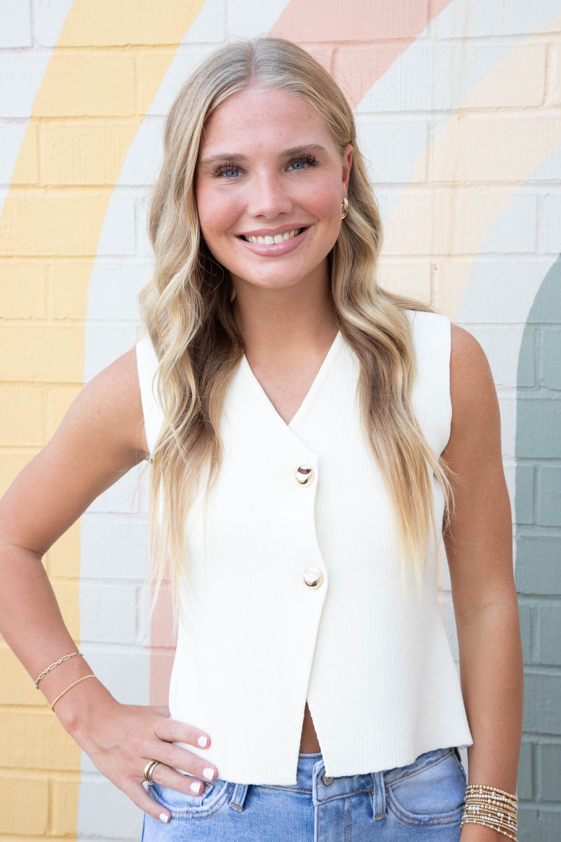 Saylor Gold Button Sweater Vest, Cream