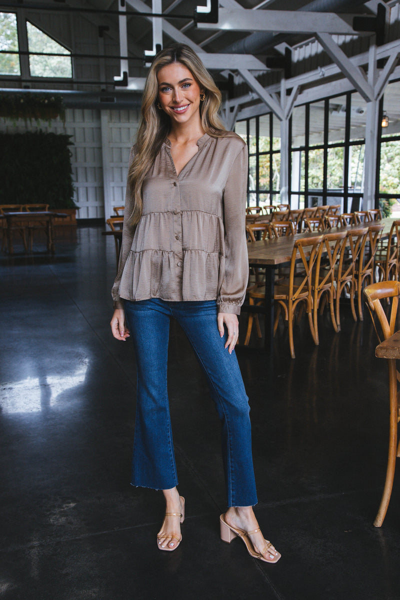 Araya Long Sleeve Tiered Button Down Top, Taupe