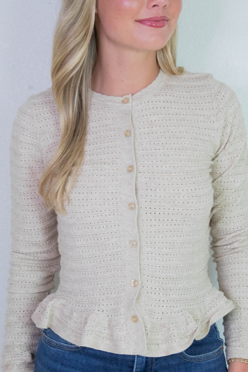Rylee Pointelle Knit Ruffled Sweater Top, Oatmeal